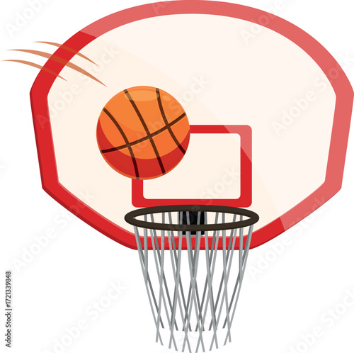 Orange basketball falling through the net of a basketball hoop, scoring points during a dynamic game
