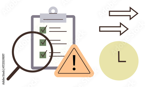 Magnifying glass over checklist, warning sign, clock, arrows symbolizing time, productivity, and organization. Ideal for planning, efficiency, analysis tasks deadlines workflow simple flat