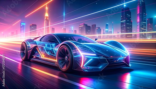 Modern electric super car racing futuristic city lights high resolution photo