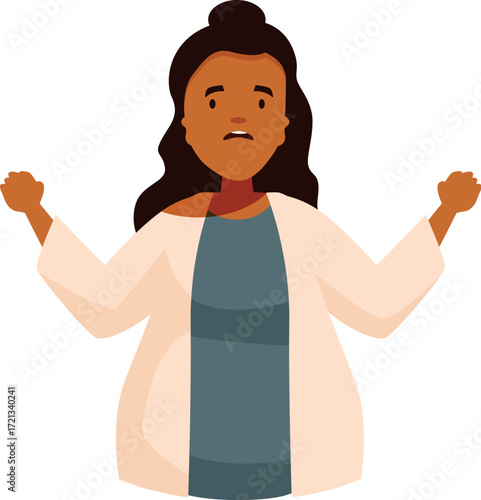 Young female doctor shrugging with raised arms, expressing confusion and frustration