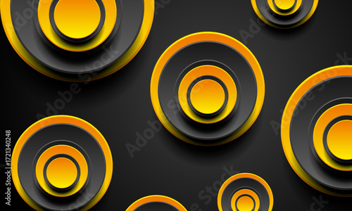 Abstract tech geometric background with black and orange circles. Vector design