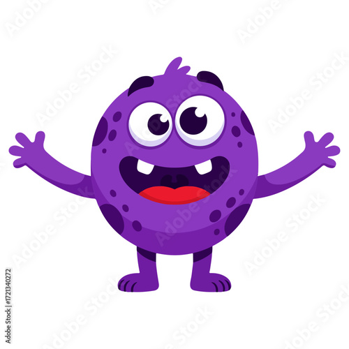 Cheerful purple monster with open arms and big smile.