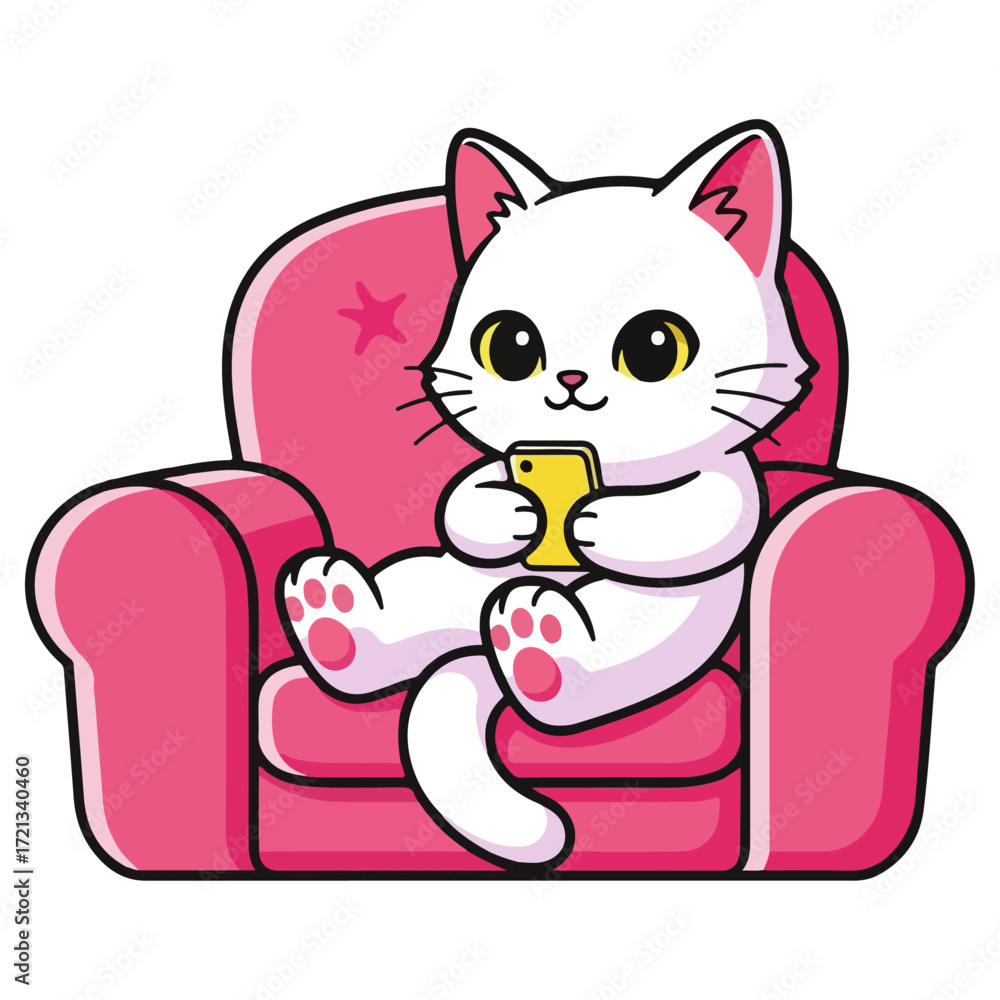 Fototapeta premium Cute white cartoon cat relaxing on a pink armchair with a smartphone.