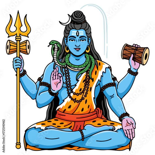 Lord Shiva Meditating with Trident and Drum.