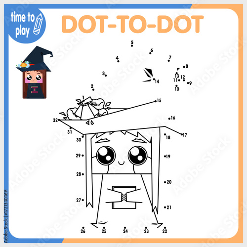 Connect the dots, a children's logic game. Witch, sorceress coloring page.