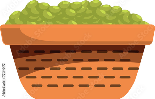 Wicker basket full of fresh green peas, representing healthy eating and farm fresh produce