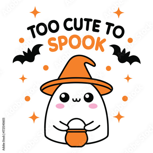 Cute ghost wearing a witch hat isolated on white background, holding a cauldron with the text too cute to spook above it