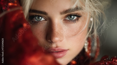 Intimate close-up of a woman with captivating eyes and textured skin