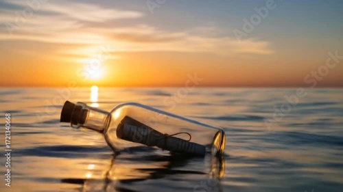 Glass Bottle with Message Inside Floating on Calm Ocean at Sunset