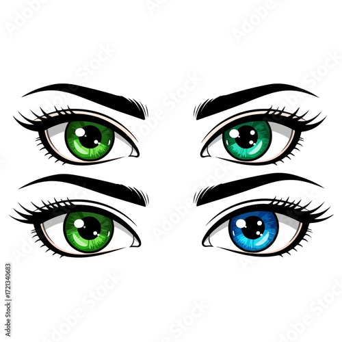 Eyes of different colors staring intensely at the viewer.