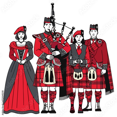 Scottish Highland Dancers and Bagpiper in Traditional Attire.