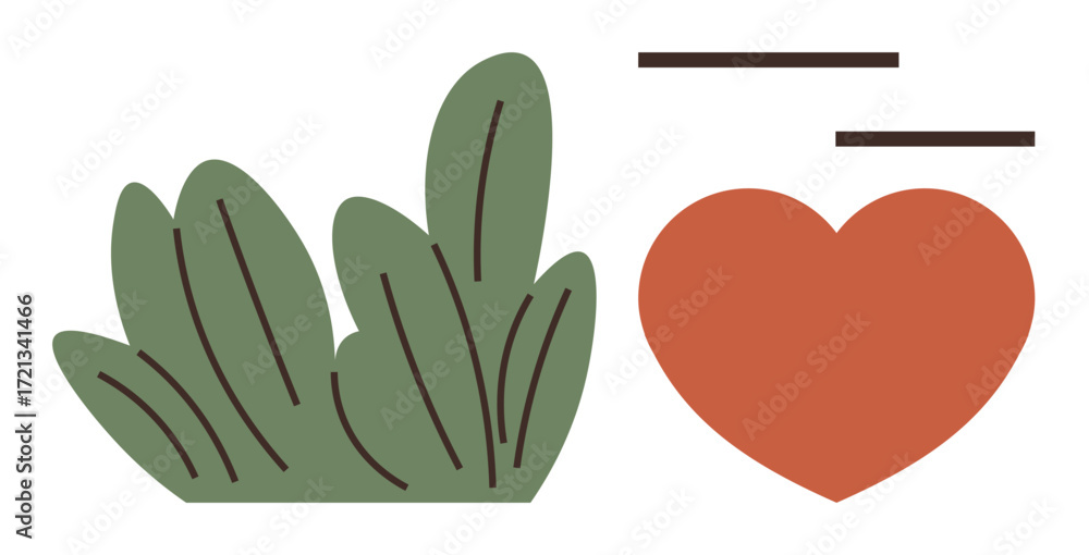 Obraz premium Red heart symbol next to green leaves with minimalist lines. Ideal for nature, love, health, eco-friendliness, wellness, relationships, sustainability. A simple flat metaphor