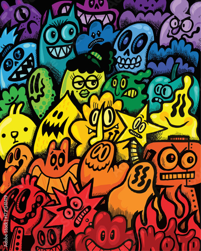 Playful monster doodle art with vibrant colors, perfect for children's books, quirky designs, and fun Halloween themes, originally created as scalable vector art