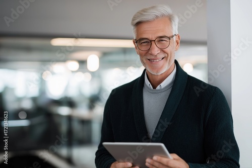Mature caucasian male professional in modern office holding tablet