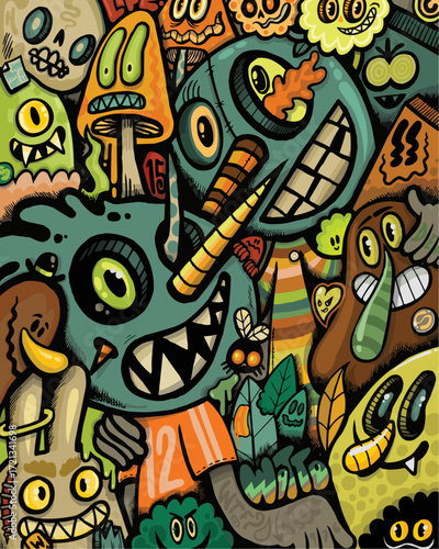 Whimsical monster mash featuring playful hand-drawn characters, perfect for eye-catching designs, vibrant marketing, and unique children's illustrations