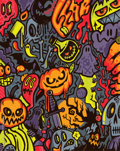 Spooky Halloween doodle vector with pumpkins, ghosts and skulls in graffiti art style, perfect for party invitations and quirky designs
