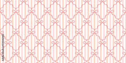 Damask bow with stripes in background seamless pattern vector illustration. Elegant hand drawn festive ornament.