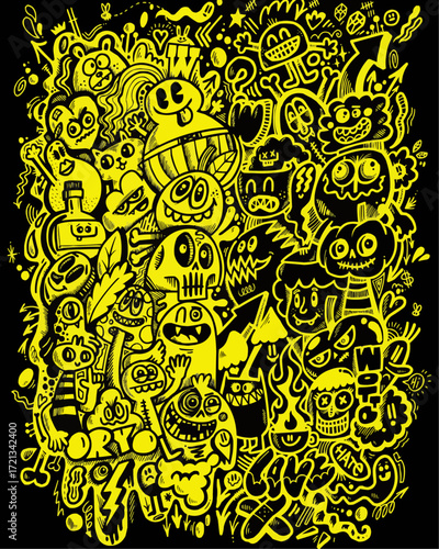 Whimsical doodle art featuring playful monsters, skulls, and quirky creatures, perfect for adding a fun, edgy vibe to any project. Originally a vector graphic.