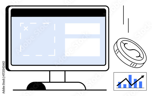 Computer monitor with analytics UI, tossing coin, and bar chart with upward trend arrow. Ideal for finance, technology, investment, analytics, growth strategy digital tools. Simple flat metaphor