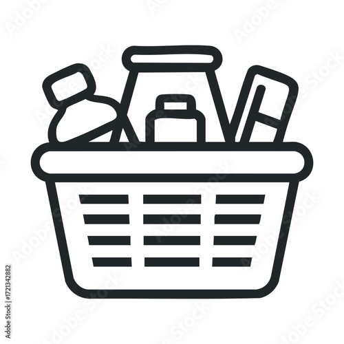 Grocery shopping basket with various household items for daily use