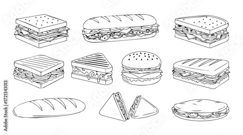 Collection of hand drawn sandwiches and bread variety delicious fast food meal silhouette