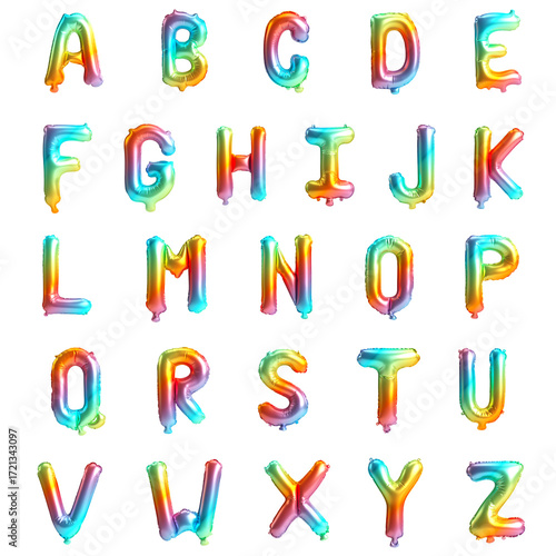 Colorful rainbow balloon alphabet letters set isolated on white background, 3d illustration
