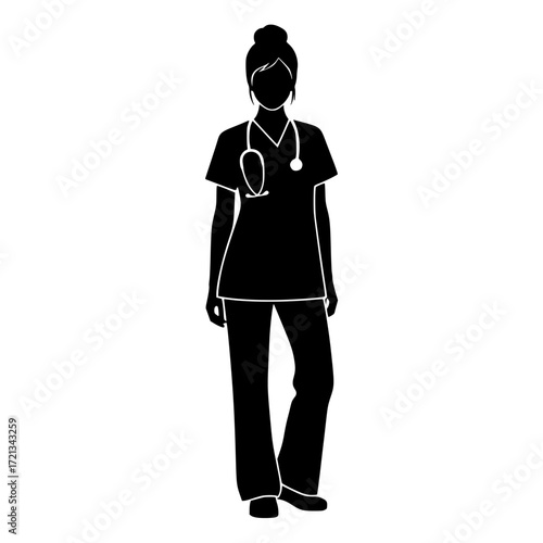 Full body silhouette of a female healthcare professional wearing scrubs and stethoscope isolated on transparent background