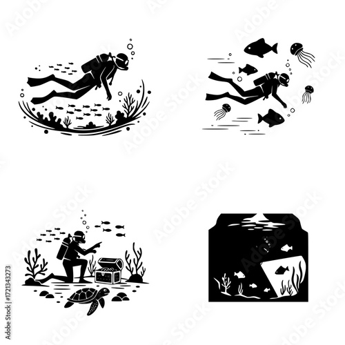 Four distinct black and white silhouette illustrations of scuba divers exploring underwater marine life and coral reefs isolated on transparent background