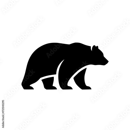 Stylized black silhouette of a powerful grizzly bear walking with its mouth open showing teeth isolated on transparent background
