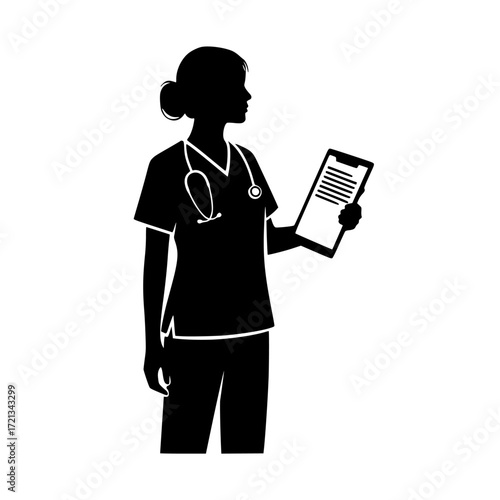 Black silhouette of a female medical professional wearing scrubs and holding a clipboard with a document isolated on transparent background