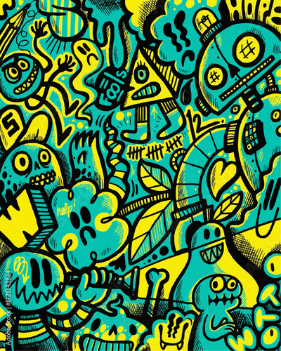 Intricate doodle art featuring quirky characters, perfect for vibrant backgrounds and eye-catching designs, originally a scalable vector graphic
