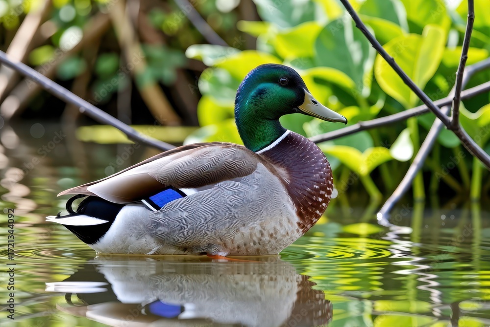 Fototapeta premium Swimming male mallard duck in lush green wetland wildlife photography nature eye-level view vibrant colors