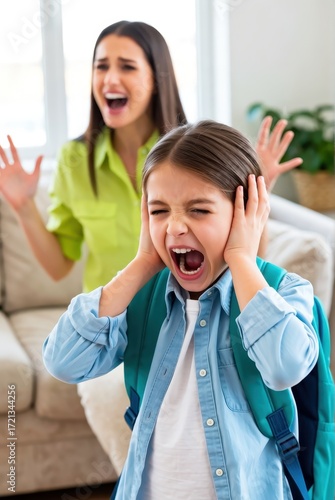 Child's emotional outburst during a family dispute in a cozy living room setting