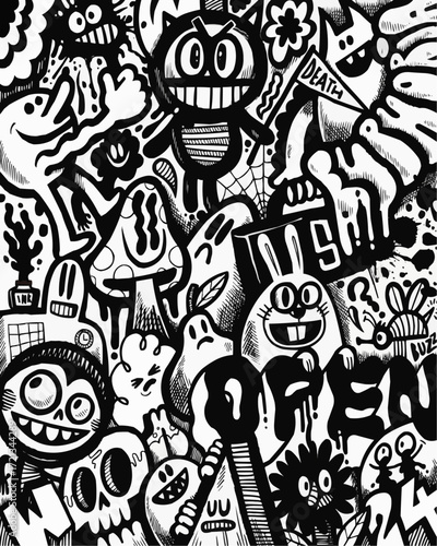 Whimsical doodle art featuring quirky monsters, skulls, and playful elements, perfect for unique designs and creative projects with a fun, edgy vibe
