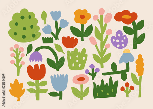 Collection of colorful hand drawn flowers, leaves, bushes and plants in flat naive style. Decorative floral vector illustration set for kids design, textile, fabric, packaging, cards and posters.