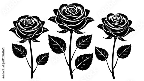Three elegant black rose silhouettes on stems with leaves for decorative design elements, bold yet refined, timeless botanical style, suitable for modern compositions, posters, or chic branding visual