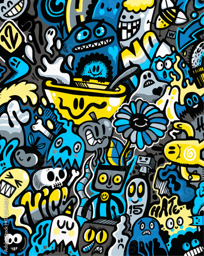 Whimsical monster mashup with vibrant colors and playful energy, perfect for creative projects, eye-catching designs, and unique artistic expressions in vector style