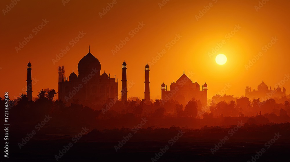 Naklejka premium Silhouette of iconic architecture against a vibrant sunset, showcasing cultural heritage during Dussehra holiday celebration, warm hues creating a festive atmosphere