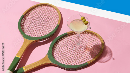 Fototapeta Naklejka Na Ścianę i Meble -  Vintage tennis rackets with martini glass and olives on pink background. Concept of retro sport lifestyle, branding for cocktail campaigns, editorial fashion and premium leisure.
