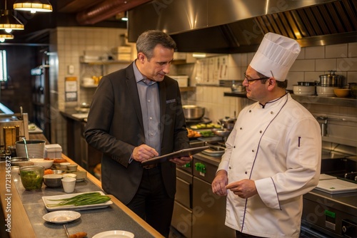 Restaurant manager with chef in kitchen