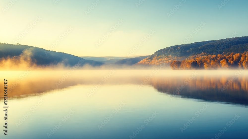 Fototapeta premium Calm lake sunrise, autumn mist