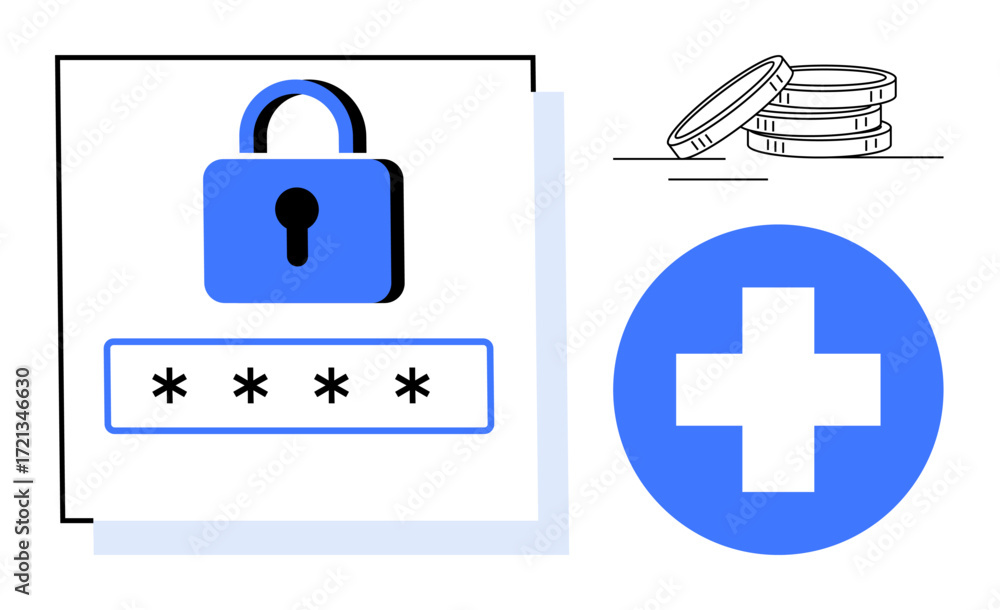Obraz premium Blue lock above a password field, medical cross symbol, and stack of coins convey security, finance, healthcare, privacy, online protection, financial transactions, simple flat metaphor