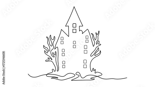 Spooky haunted house one line drawing with bare trees and twisted roots