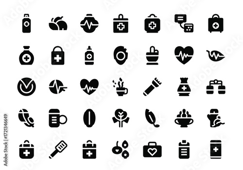 Collection of medical and health care icons, including first aid kits, heartbeats, pills, and other symbols