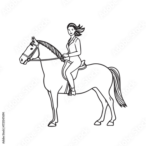 Black and white line art of a beautiful woman with perfect body riding horse elegant minimalist illustration