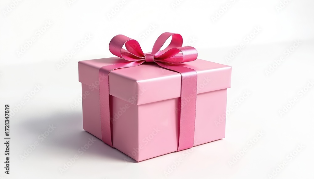 Fototapeta premium Pink present box with satin ribbon bow for celebrations. Surprise gift package for special occasions, birthdays, anniversaries. Festive, cheerful, charming, elegant, luxury treat happiness,