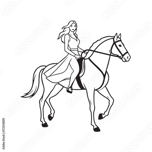 Black and white line art of a beautiful woman with perfect body riding horse elegant minimalist illustration