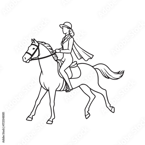 Black and white line art of a beautiful woman with perfect body riding horse elegant minimalist illustration
