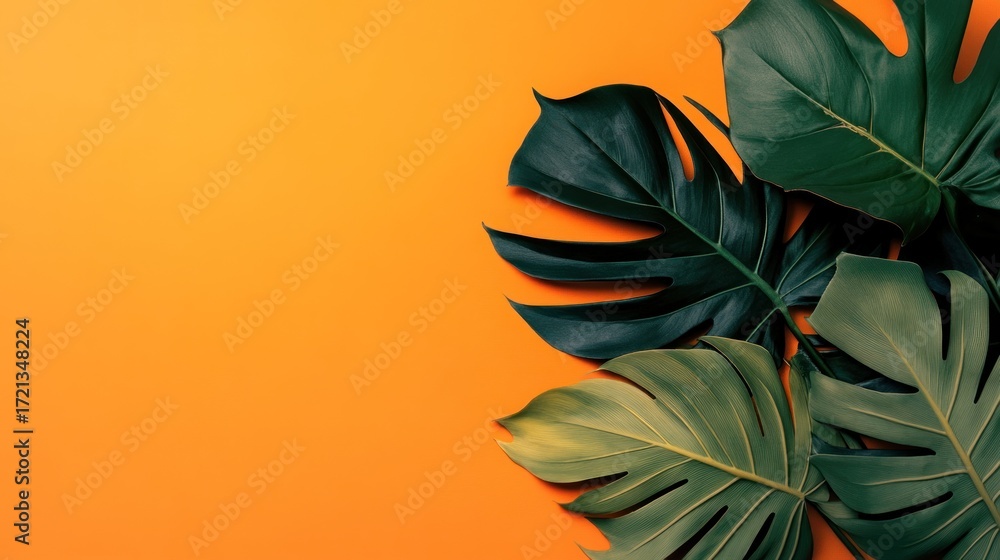 Fototapeta premium Tropical leaves arranged on an orange background.