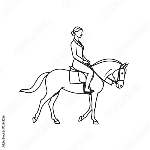 Black and white line art of a beautiful woman with perfect body riding horse elegant minimalist illustration